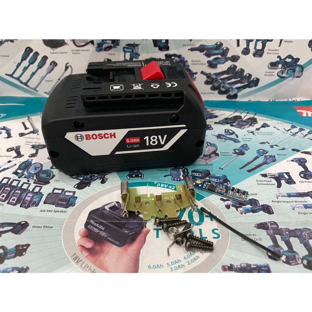 BN. Vỏ mạch Bosch 18V Li-ion 2 hàng cell, Led báo pin, nhận sạc zin.