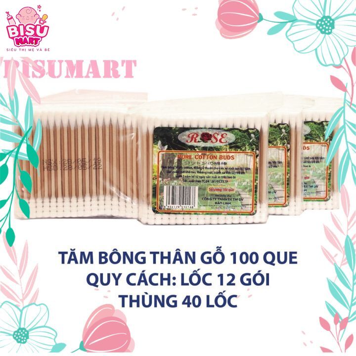 Lốc 12 bịch Tăm bông, bông ráy tai lõi gỗ ROSE 100 que