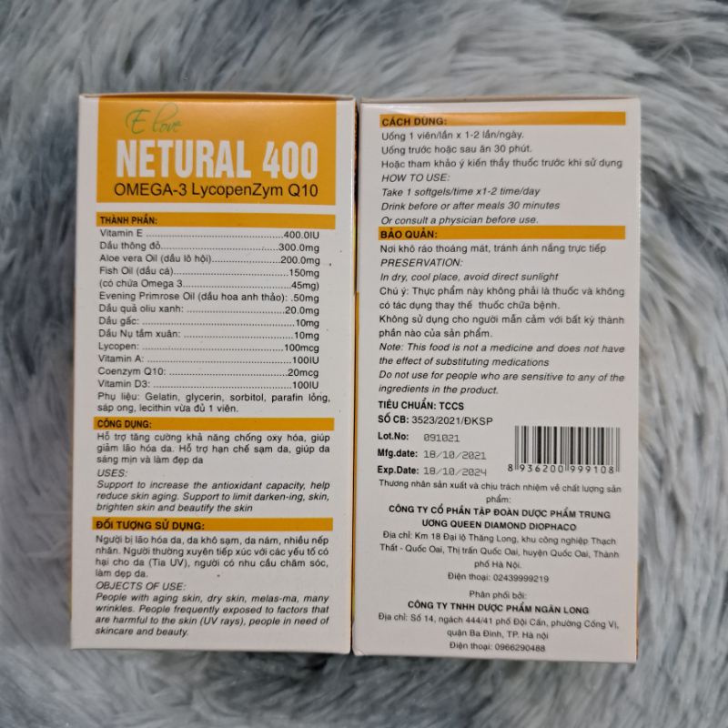 Viên uống đẹp da Vitamin E 400 iu chống lão hóa, giảm oxy hóa - Hộp 60viên_E Love Netural 400 Omega 3 Lycopenzym Q10