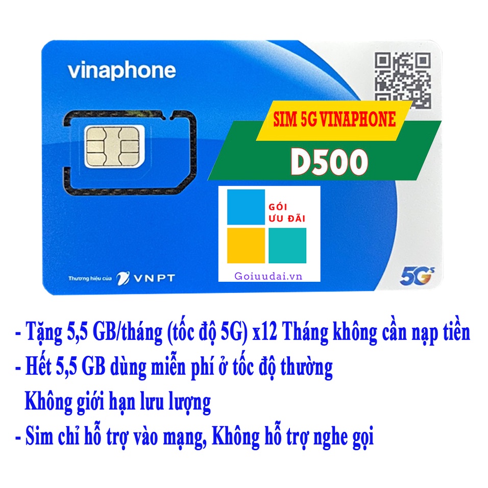 SIM VINA 5G D500 tặng 5.5gb/tháng TRỌN GÓI 1 NĂM không nạp tiền duy trì