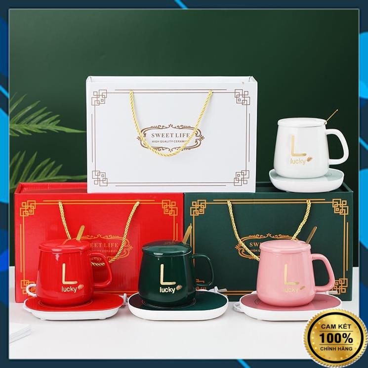 Bộ Ly Sứ Làm Nóng Trà Cafe Tự Động LUCKY, Bộ Cốc Hâm Nóng Đồ Uống Bằng Sứ Sang Chảnh Tặng Thìa Mạ Vàng Cao Cấp
