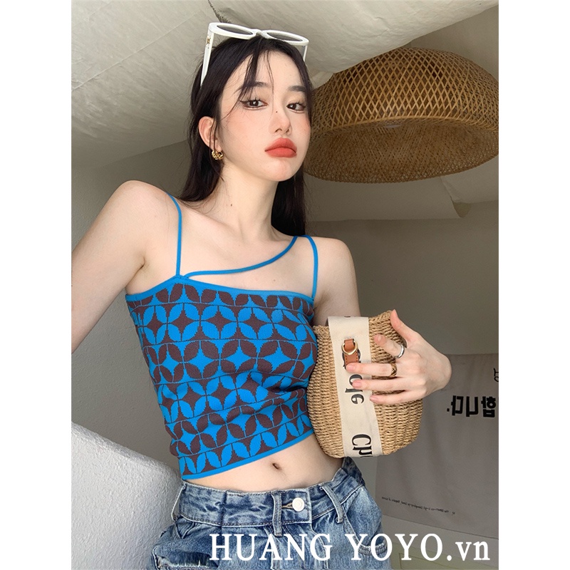 Áo Croptop Dệt Kim Màu Xanh Tương Phản Phong Cách Hàn Quốc
