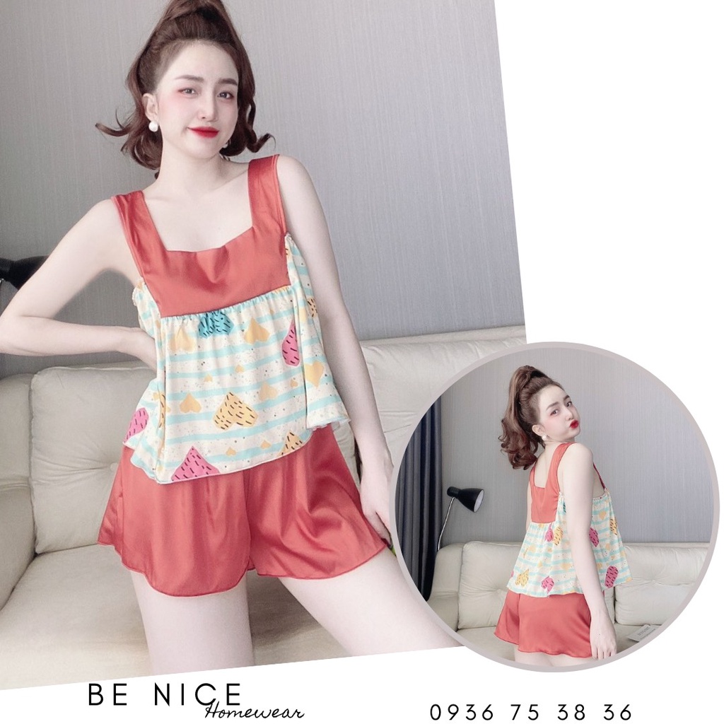 Set đùi dây bản to cổ vuông phối màu dễ thương cho nàng nhà Be Nice Homewear