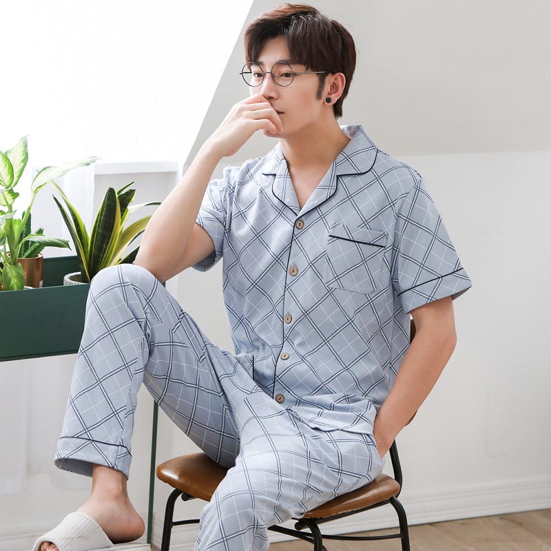 Đồ bộ nam Pijama cộc tay màu sắc sáng da, họa tiết kẻ sọc nam tính,đồ nam Pyjama Quảng Châu cotton thoáng mát