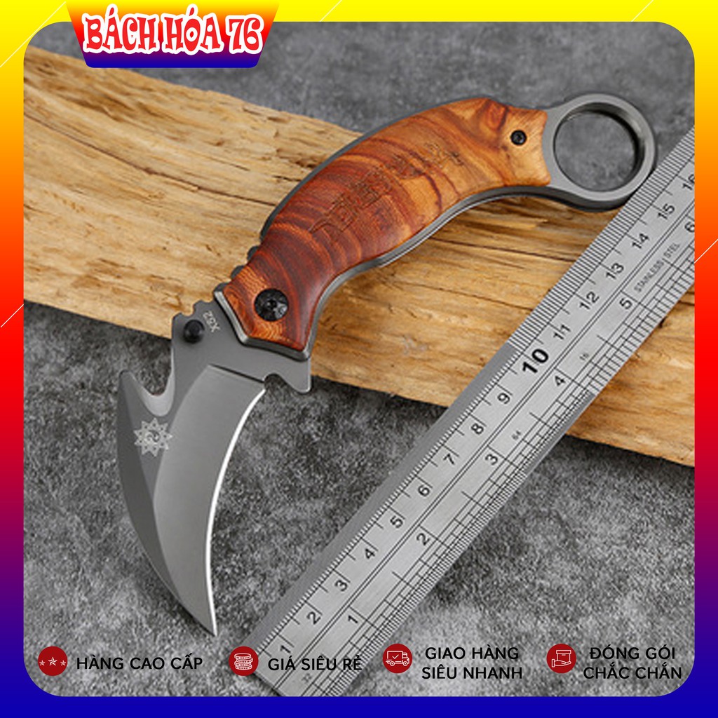 Dao phượt gấp gọn Quay Karambit X52 Full Logo Cán Ốp Gỗ Cực Đẹp BOHOBASA