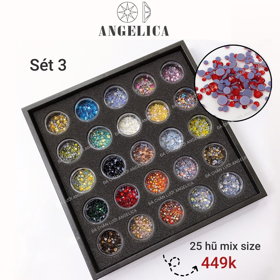 Set Đá Nail Khay Vuông 12 Khía Trang Trí Móng ANGELICA SM1449 25 Hũ