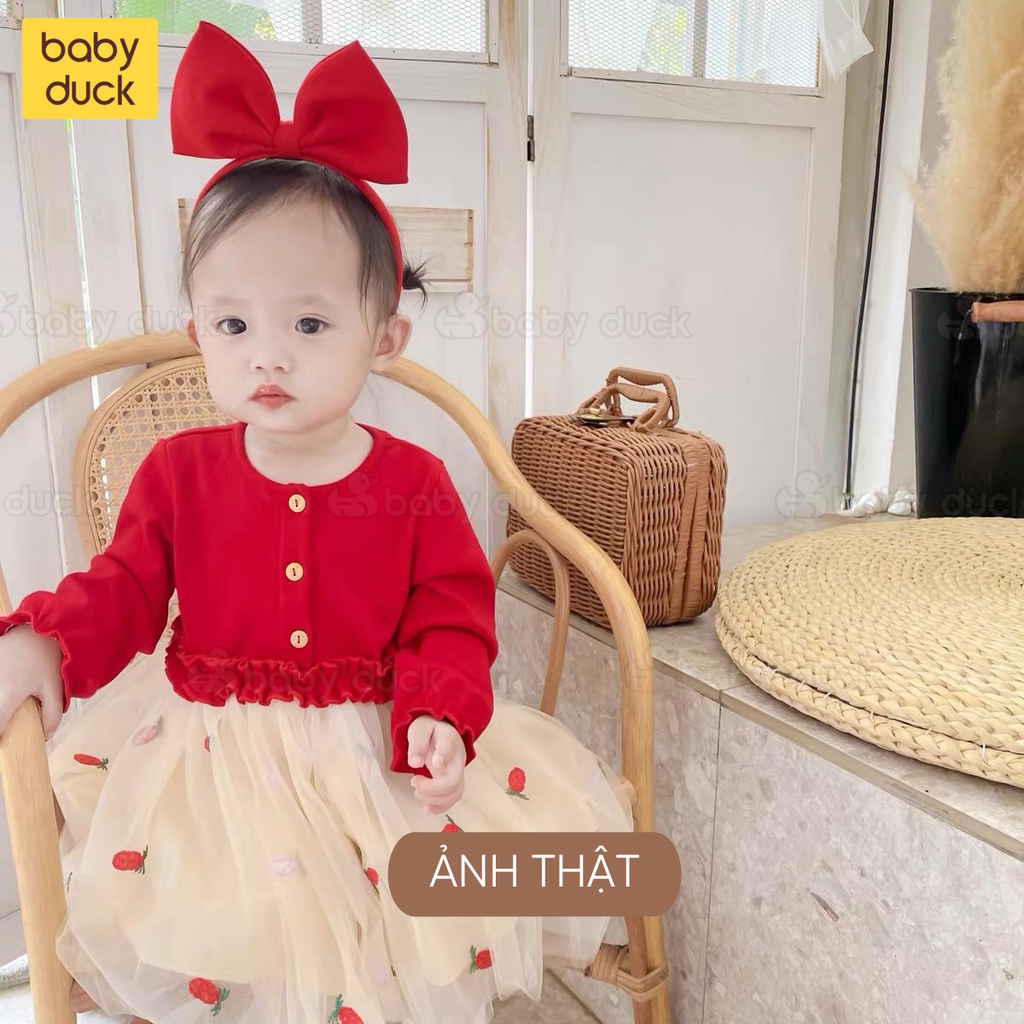 Váy ren xòe dài tay họa tiết dứa đỏ siêu đẹp cho bé gái 0-3 tuổi mặc mùa thu đông