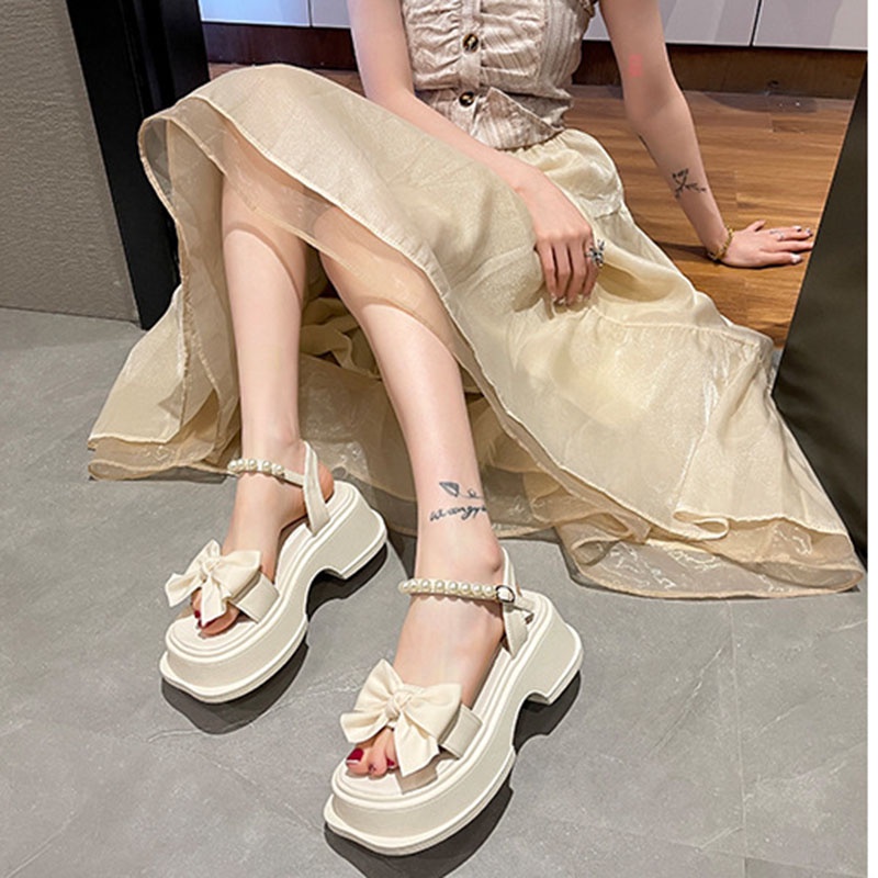 Giày xăng đan IELGY thắt nơ đính ngọc trai nhân tạo thời trang dành cho nữ