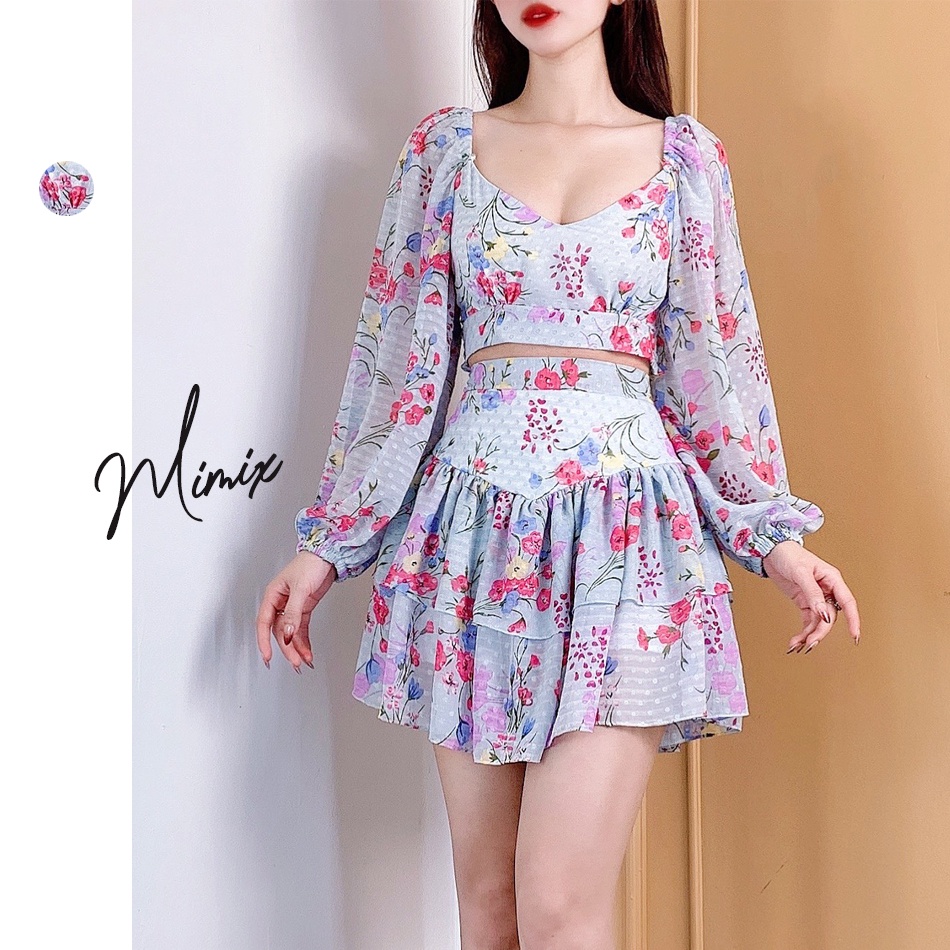 Set áo kèm chân váy hoa tầng bo eo MIMIX CC4205