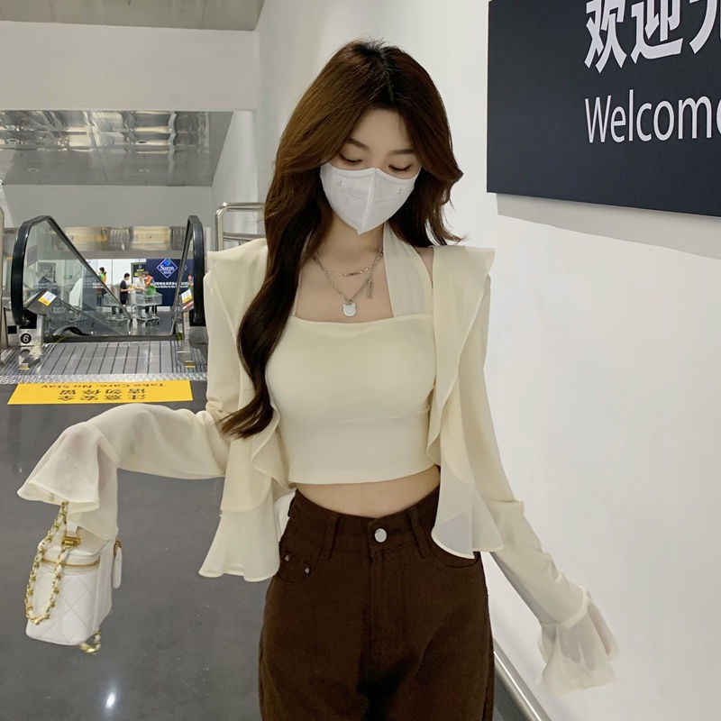 áo croptop set bộ áo hai dây trễ vai kiểu và áo khoác cardigan mỏng áo voan set yếm chống nắng phong cách mới mùa hè áo ren kiểu