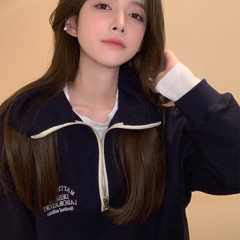 Áo Sweater cổ POLO dáng rộng thêu họa tiết phối khóa kéo nửa thời trang mùa thu phong cách Hàn Quốc mới cho nữ