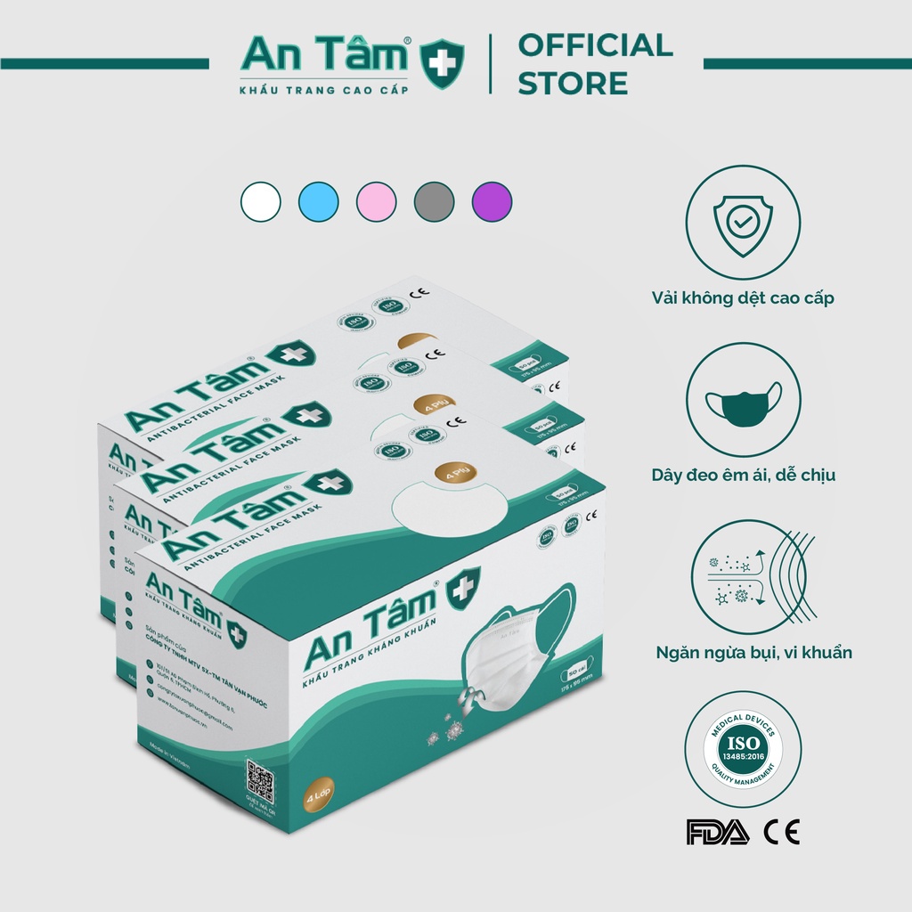 Combo 3 hộp khẩu trang y tế 4 lớp Giấy kháng khuẩn Chính Hãng AN TÂM Hộp 50 cái