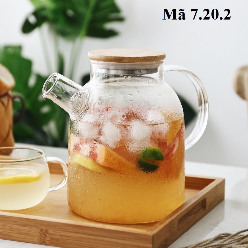 Bình thủy tinh mỏng chịu nhiệt, kiểu dáng hiện đại, ấm trà hoa quả nắp trúc 7.20.2