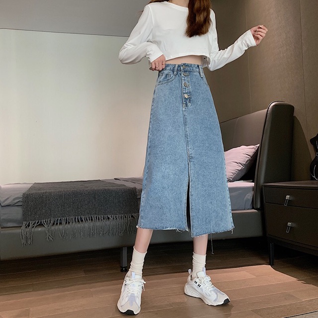 Chân váy bò dài xẻ Ulzzang