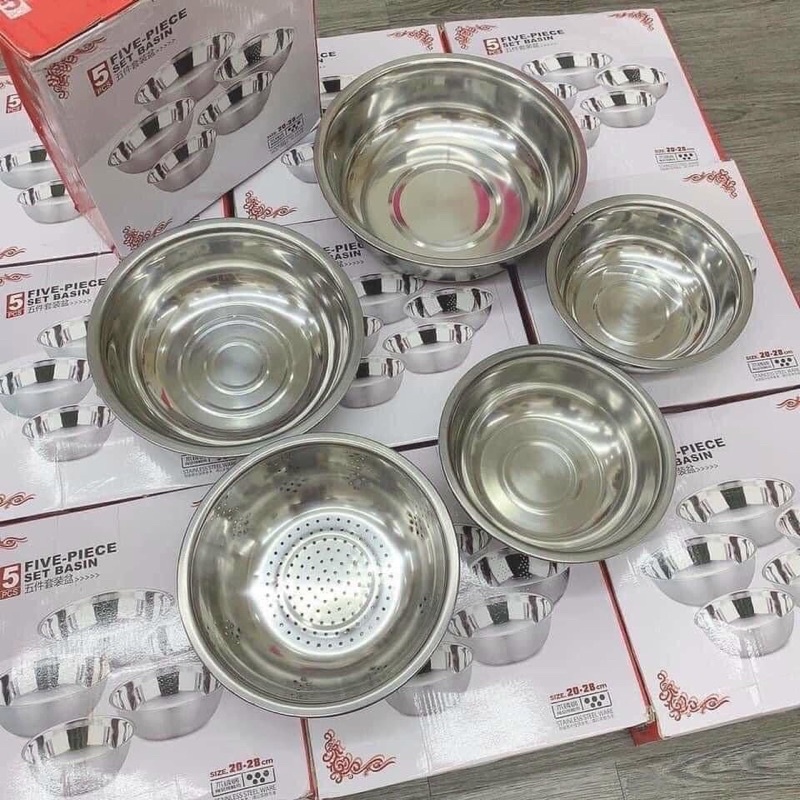 Bộ 5 tô inox các cỡ từ to đến nhỏ 5 kích thước (4 tô 1 rổ)