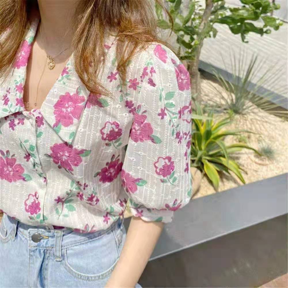 Áo Sơ Mi Cổ Polo Tay Phồng Họa Tiết Hoa Phong Cách Pháp Cổ Điển Dành Cho Nữ