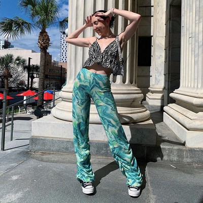 European and American style 2021 summer new women's fashion printing high-waist trousers hip trend straight casual pant