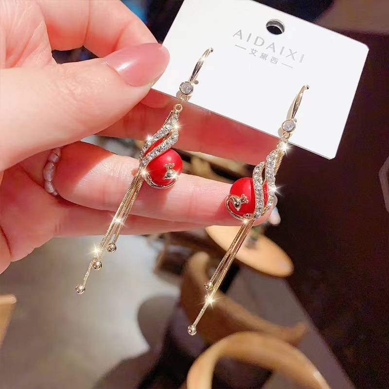 Khuyên Tai Dài Tua Rua Hình Phượng Hoàng Đỏ Đính Đá Pha Lê Cao Cấp Thanh Lịch