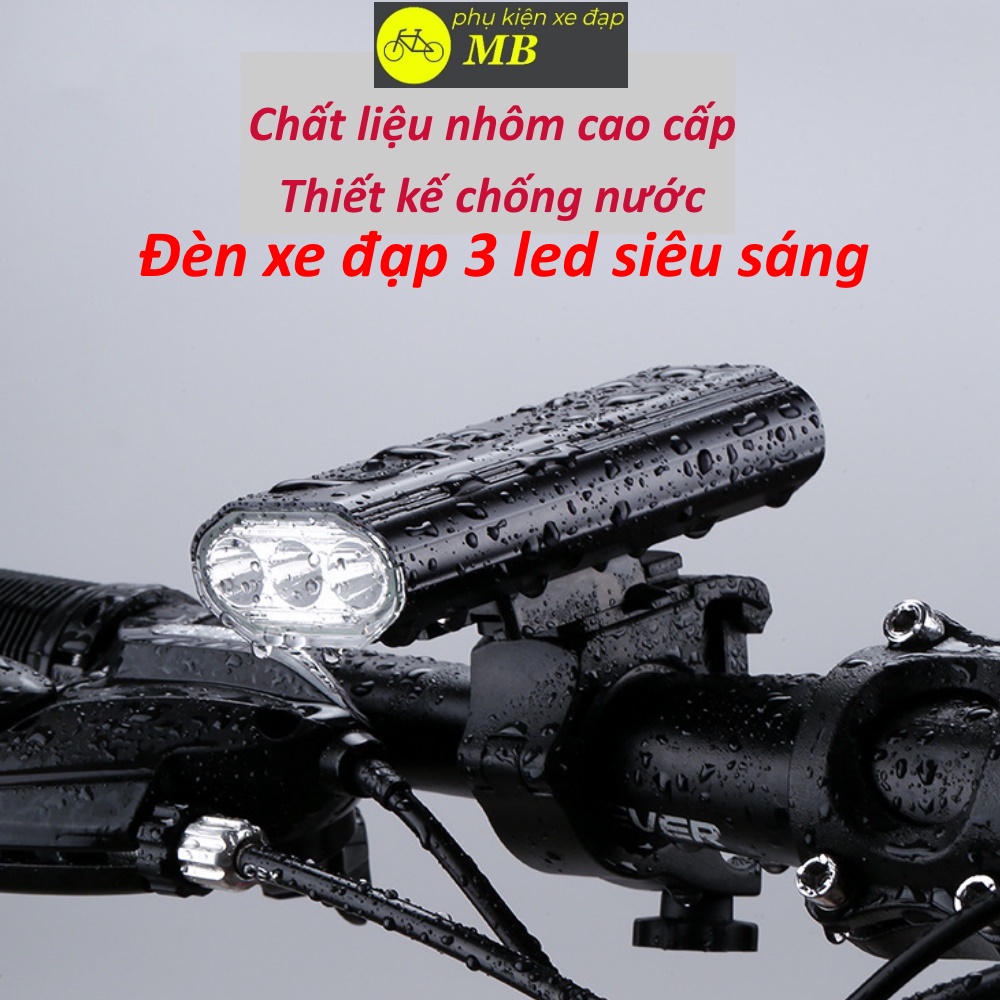 đèn xe đạp thể thao cao cấp siêu sáng vỏ nhôm chống nước 3 mắt led pin sạc usb DP13