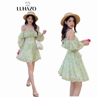  Váy hoa nhí trễ vai LUHAZO Hoà Minzy đi biển 2 dây maxi hở lưng kiểu Hàn Quốc xòe babydoll rộng 9640 DK1T308 