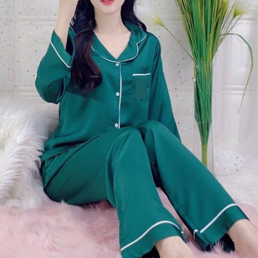 Đồ Bộ Dài Tay Lụa Satin Trơn Phối Viền Đen Trắng Cực Sanh Chảnh Và Đẹp Đồ Bộ Pyjama p01