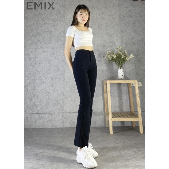 Quần jean ống loe EMIX (màu đen), dáng dài 90cm, cạp cao, khóa giữa, ống ôm và loe, chất vải jeans mềm 810