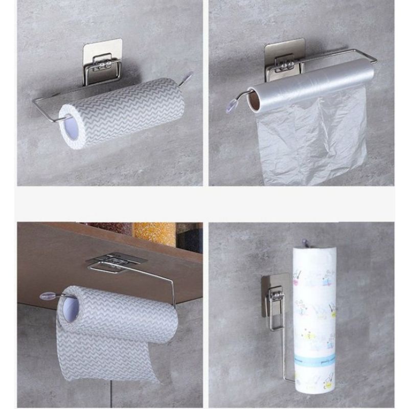 Móc treo khăn giấy dán tường- giá treo inox treo cuộn giấy vệ sinh, khăn lau bếp, khăn tắm