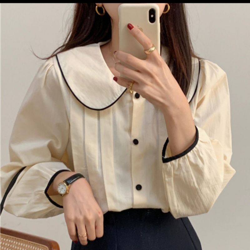 áo sơ mi cổ sen viền đen vintage ảnh thật