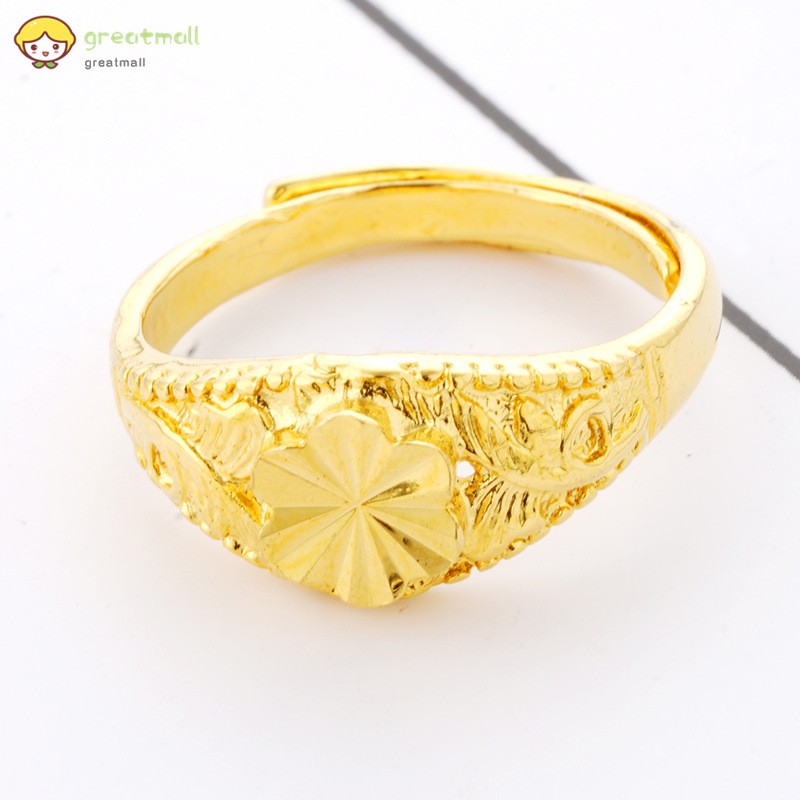 Nhẫn kim loại mạ vàng chạm khắc hoa sang trọng phụ kiện trang sức cưới cho cô dâu hoặc cho nữ giới