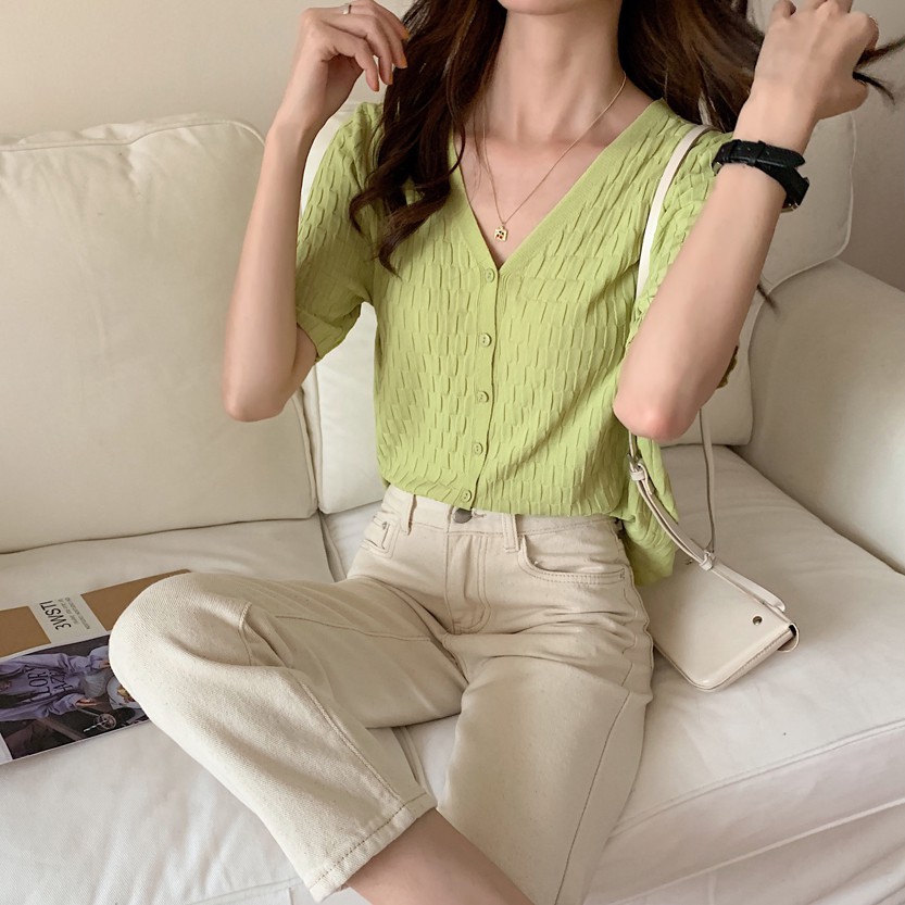 Áo Dệt Kim Tay Ngắn Cổ Chữ V Dáng Rộng Phong Cách Thời Trang Hàn Quốc Dành Cho Nữ | BigBuy360 - bigbuy360.vn