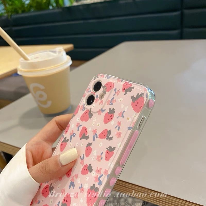 Ốp điện thoại màu hồng in hình dâu tây Nhật Bản cho iPhone 7/7p/8/8p/x/xs/xr/xsmax/11/12/pro/promax