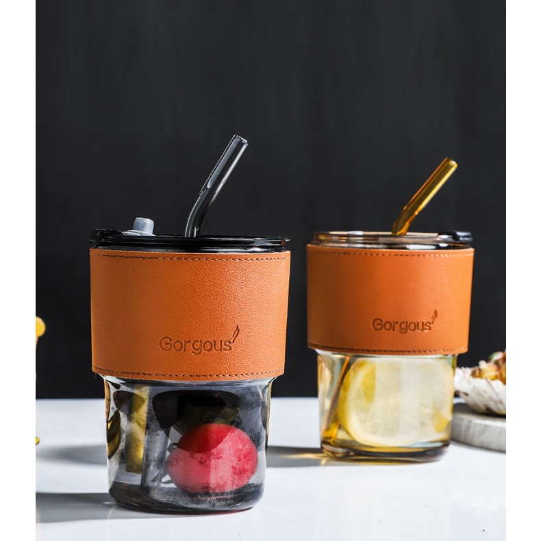Cốc ly thủy tinh kèm ống hút bọc da chống bỏng chống rò rỉ cách nhiệt tốt 450 ml