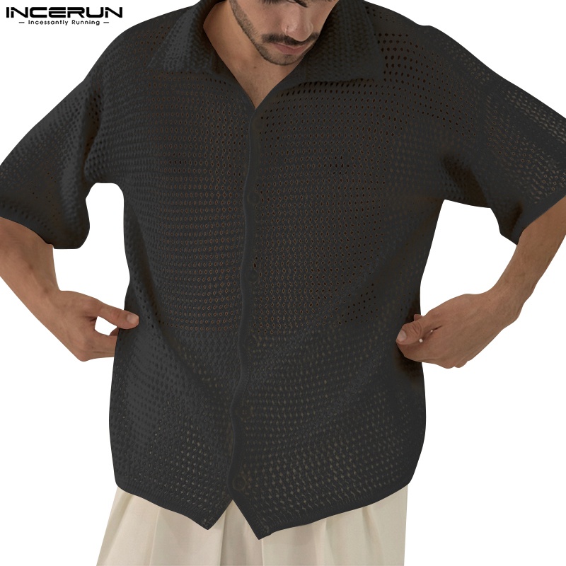 Áo sơ mi INCERUN tay ngắn cổ bẻ màu trơn tùy chọn thời trang cho nam