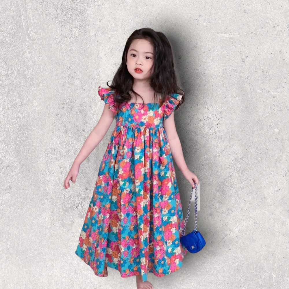váy bé gái cánh tiên dáng babydoll buộc nơ họa tiết hoa nổi bật