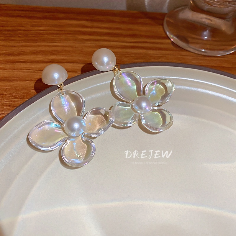 DREJEW Bông Tai Hình Hoa Bằng Acrylic Đính Ngọc Trai Thời Trang Xinh Xắn Cho Nữ