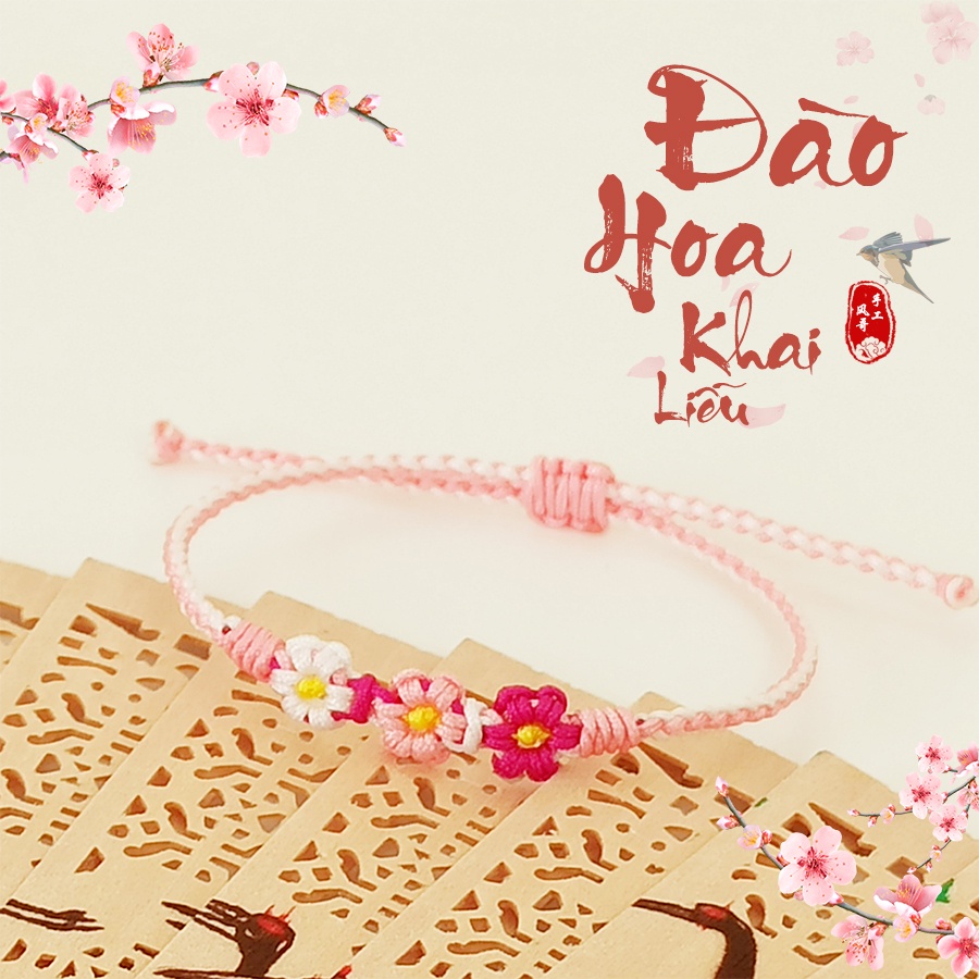 Vòng Tay Handmade DIY, Vòng Tay May Mắn Chỉ Đọc Hình Hoa Đào Nở 3 màu [Đào Hoa Khai Liễu]