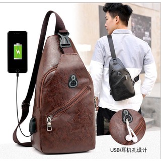 Túi Đeo Chéo Nam,Đeo Ngực Nam Da Cao Cấp,Cổng Sạc,Tai Nghe PK 46