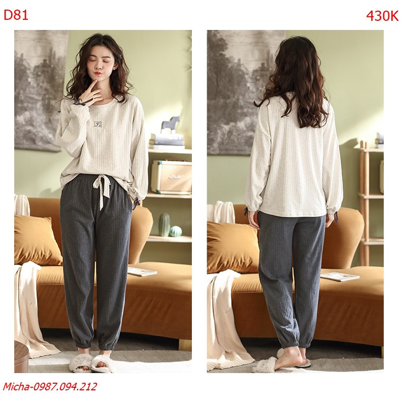 Bộ mặc nhà dài tay thun gân cao cấp màu ghi xám tối giản - Micha D81