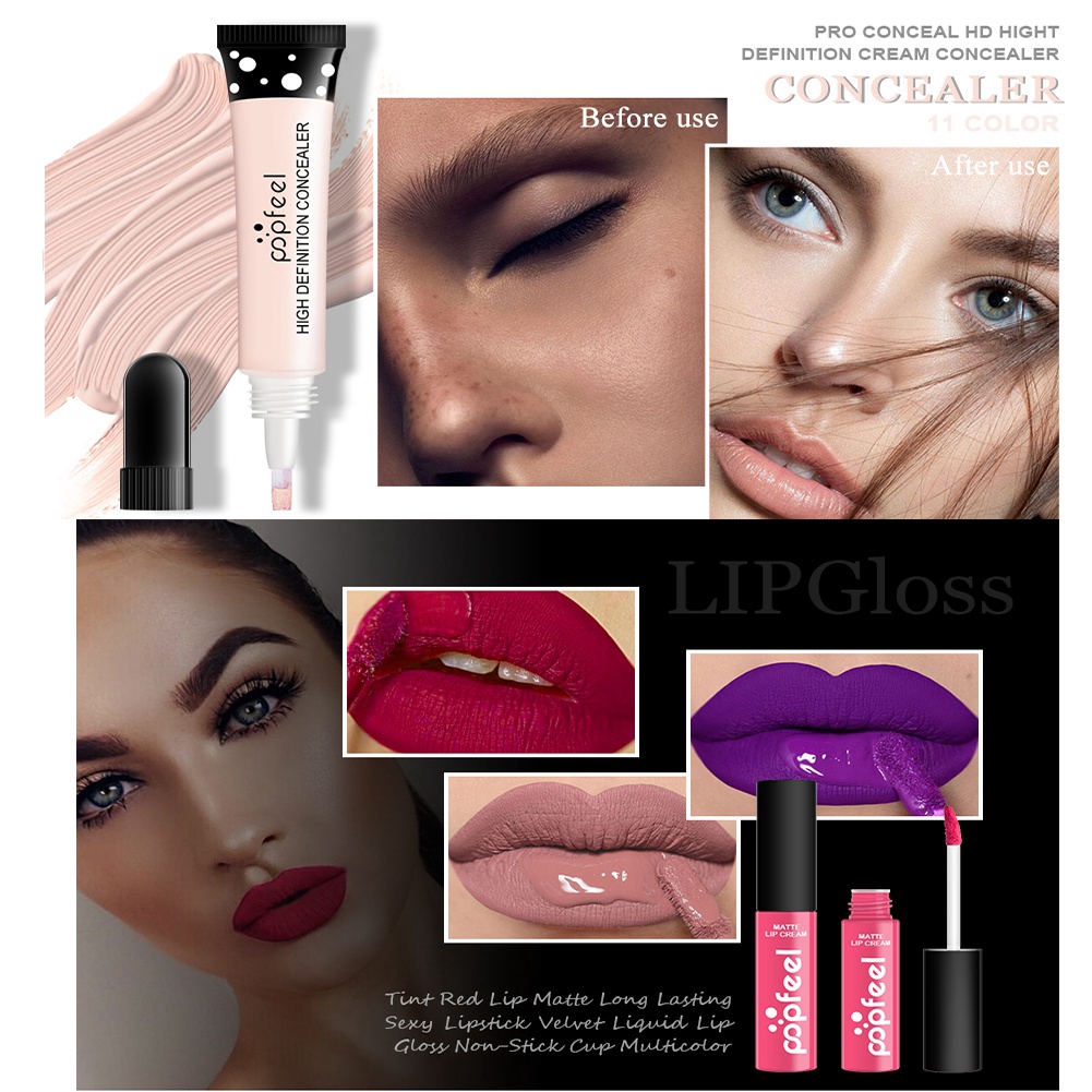 [Hàng mới về] Bộ Mỹ Phẩm Trang Điểm Popfeel Gồm Phấn Mắt / Son Môi / Bút Kẻ Lông Mày / Mút Trang Điểm Và Túi Đựng | BigBuy360 - bigbuy360.vn