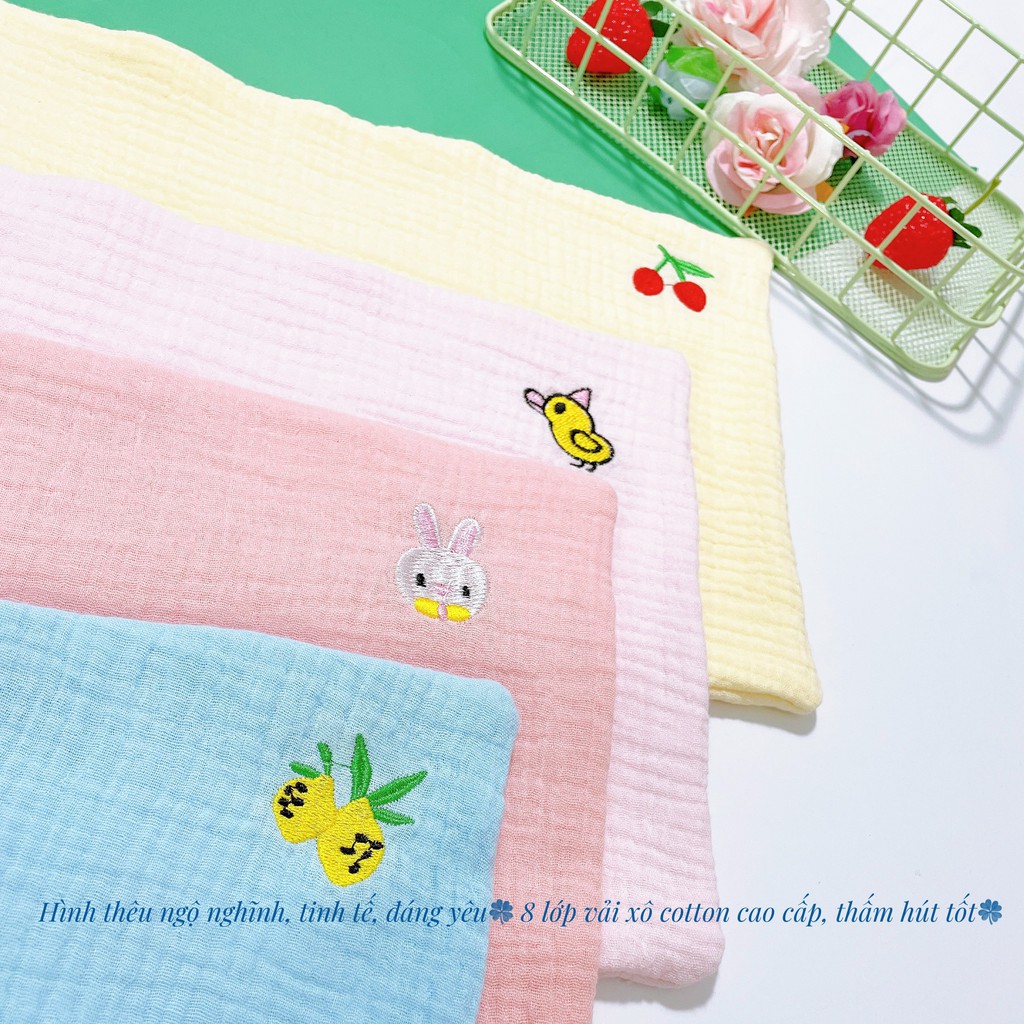 Gối Xô Sơ Sinh 8 Lớp họa tiết thêu 100% cotton Mềm Mịn Thấm Hút Mồ Hôi.