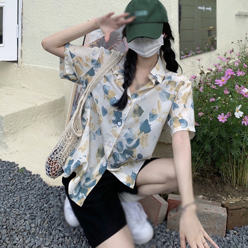 Áo sơ mi voan hoa ngắn tay thời trang mùa hè retro dành cho nữ