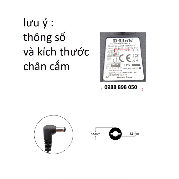 Bộ chuyển nguồn Adapter AC/DC: 12V - 1.25A - Đầu Lớn - Chuẩn 5.5mm (ZIN)