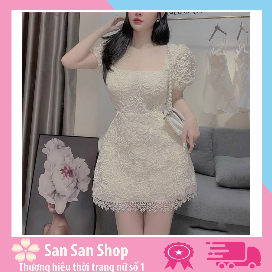 Váy body ren hoa nổi cổ vuông tay phồng SS036