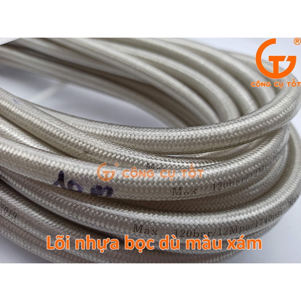 Dây rửa xe áp lực 12MPa 10m, lõi nhựa bọc dù XÁM, hai đầu ren trong to M22