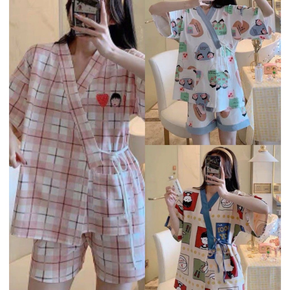 Bộ Ngủ Pijama Dây Eo Họa Tiết Set Nữ Cộc Tay Icon 5 Hình X004 | BigBuy360 - bigbuy360.vn
