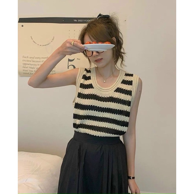 Áo Len Sát Nách Kẻ Ngang lỗ nhỏ, ba màu trend