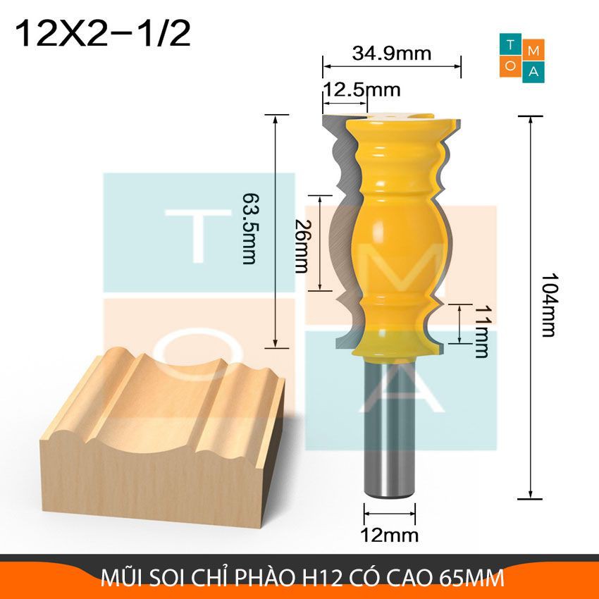 MŨI SOI CHỈ PHÀO H12 CÓ CAO 65MM - MŨI PHAY GỖ CỐT 12.7MM