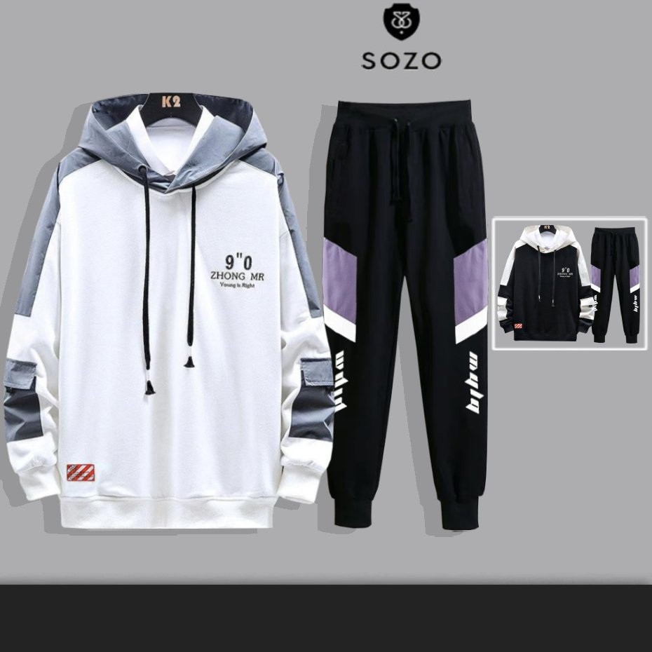 Set Bộ 2 Món Quần Dài + Áo Hoodie Nón Nam Nữ Unisex Chất Vải Nỉ CB2_MQU076THDEF6_WAH059NO (Dọc Tím Mula + Chữ Zhong Mr)