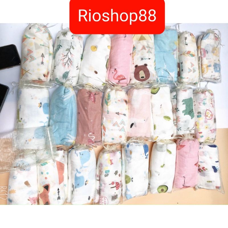 Khăn tắm hoa văn Muslin swaddle Sợi tre trắng ( màu) cho bé