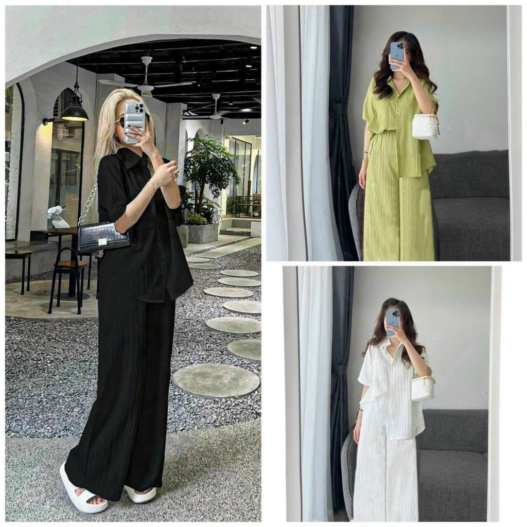 [10.10 Sales Freeship] Set bộ sơ mi xốp quần dài, set áo sơ mi tay ngắn basic from rộng quần suông đi chơi xinh xắn dx